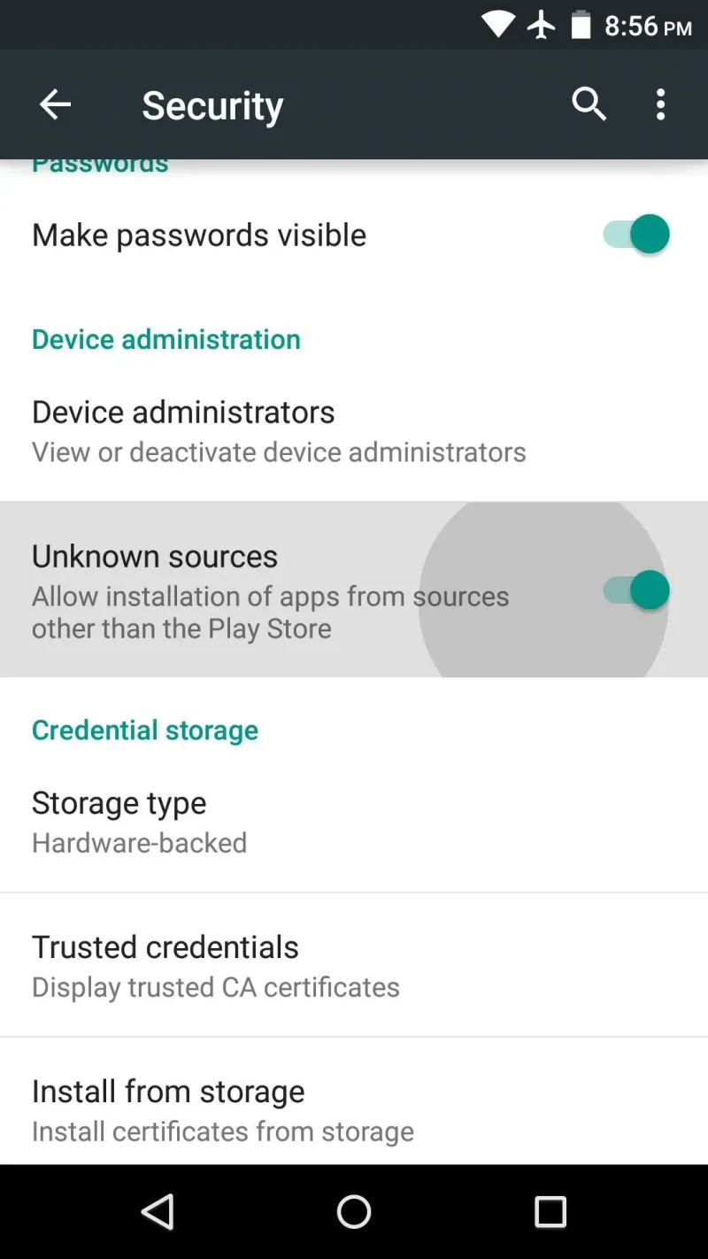 Android Unknown Sources Security Toggle Screen